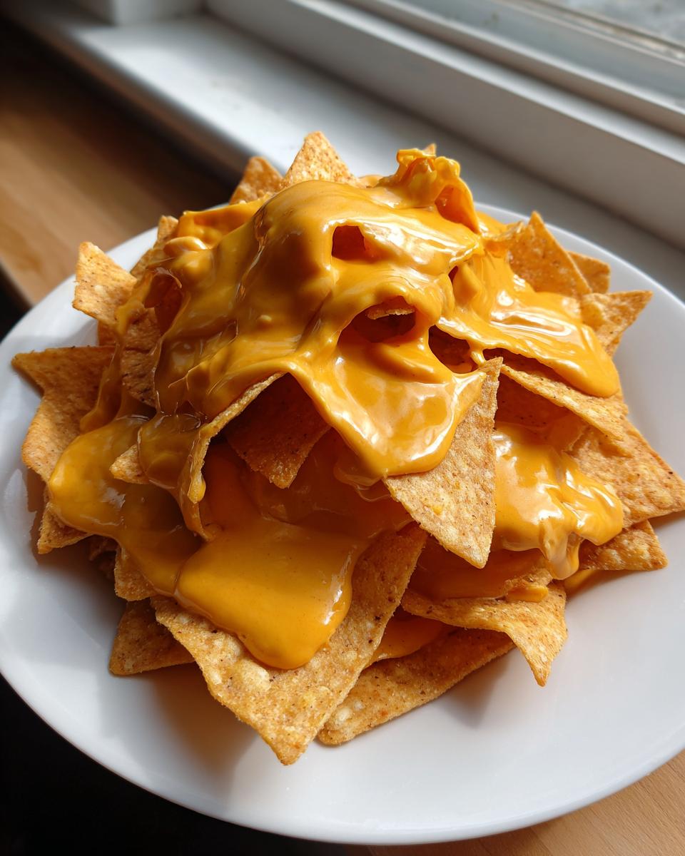 A white plate piled high with tortilla chips generously smothered in bright orange, creamy nacho cheese dip.