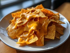 Close-up of tortilla chips smothered in rich, creamy nacho cheese sauce on a light gray plate.