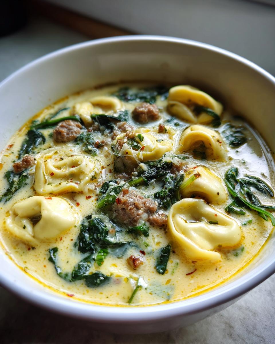 Close-up of a white bowl filled with creamy tortellini soup featuring sausage, spinach, and herbs.