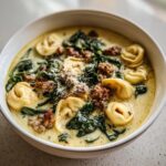 A close-up of a rich, creamy tortellini soup featuring cheese tortellini, crumbled sausage, wilted spinach, and grated Parmesan.