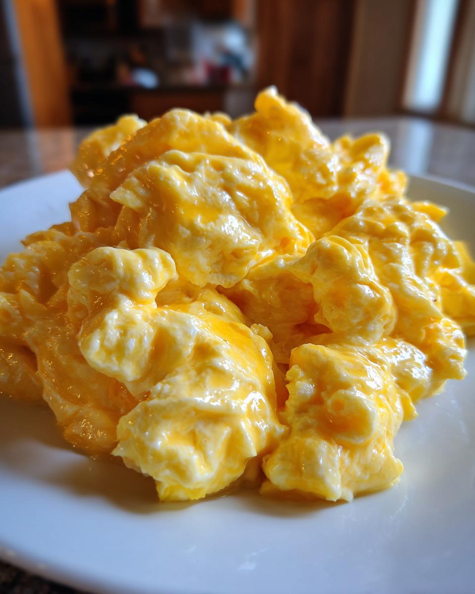 A close-up shot of perfectly cooked, creamy scrambled eggs piled high on a white plate.