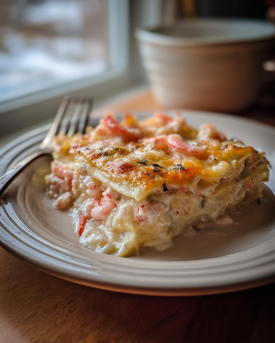 A close-up of a creamy slice of seafood lasagna featuring layers of pasta, white sauce, and visible pink shrimp pieces.