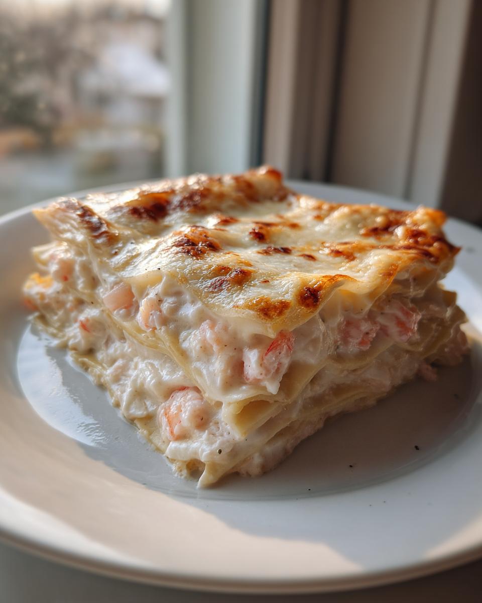 A thick, creamy slice of seafood lasagna featuring layers of pasta, white sauce, and visible pink shrimp, topped with browned cheese.