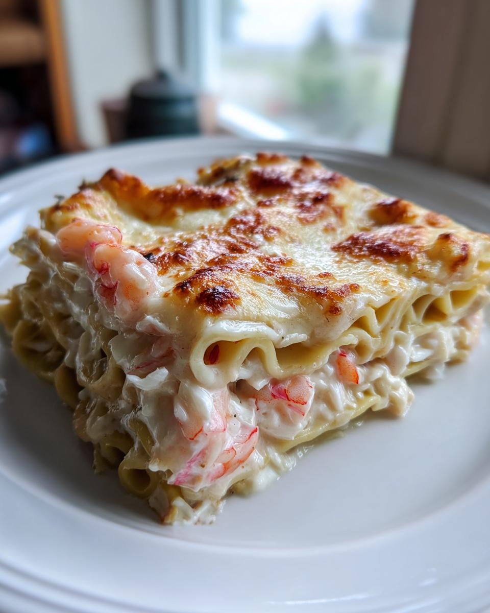 A close-up of a creamy slice of seafood lasagna featuring layers of pasta, white sauce, and visible pink shrimp pieces.