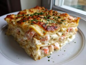 A thick, creamy slice of seafood lasagna layered with pasta, white sauce, and pink shrimp pieces, topped with melted cheese and parsley.
