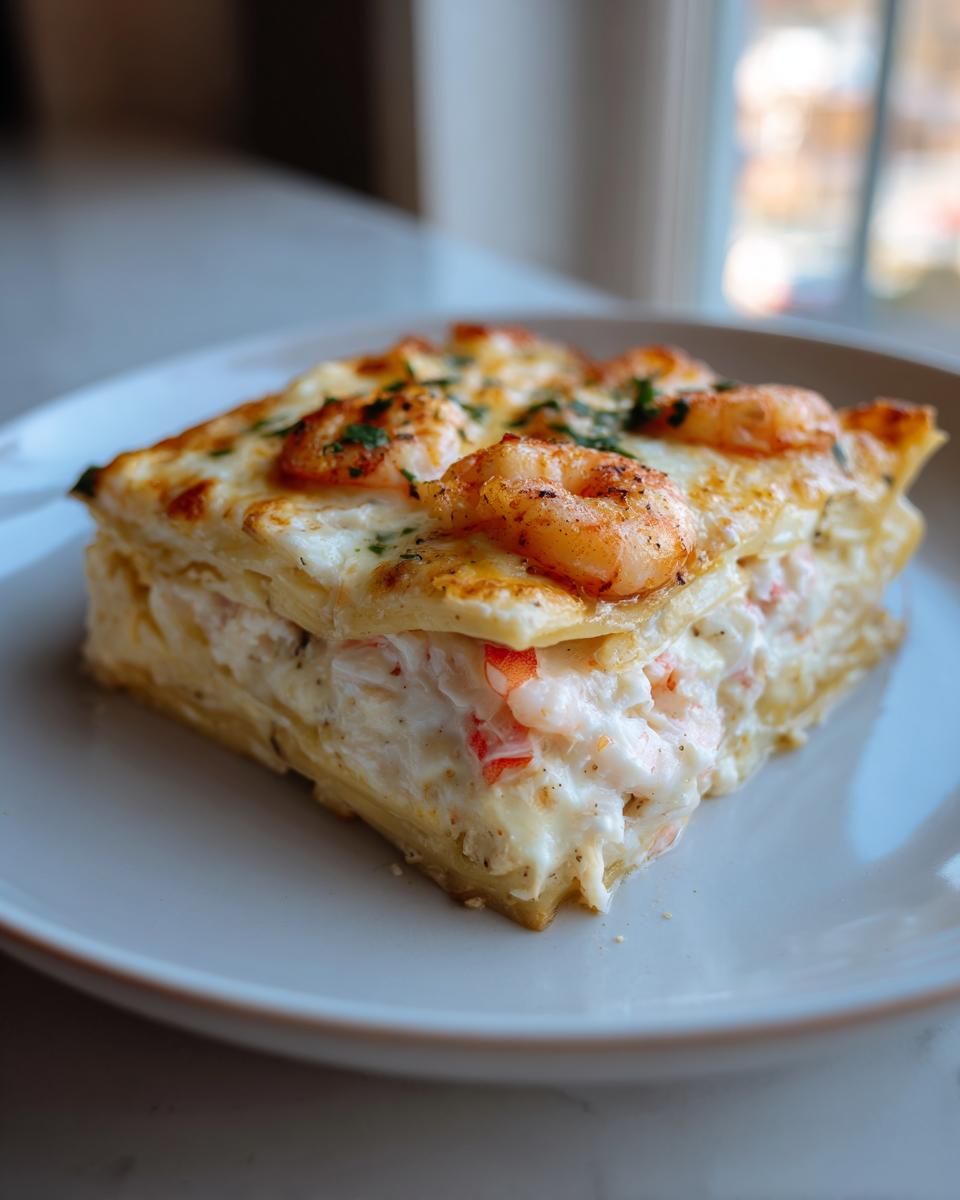 A decadent, layered slice of creamy seafood lasagna topped with baked shrimp and fresh parsley.