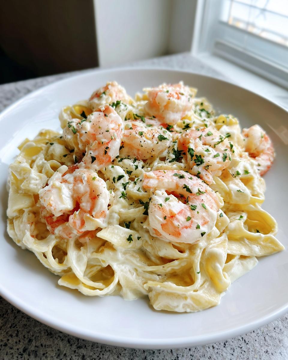 A close-up of creamy shrimp alfredo pasta with fettuccine noodles, topped with pink shrimp and fresh parsley.