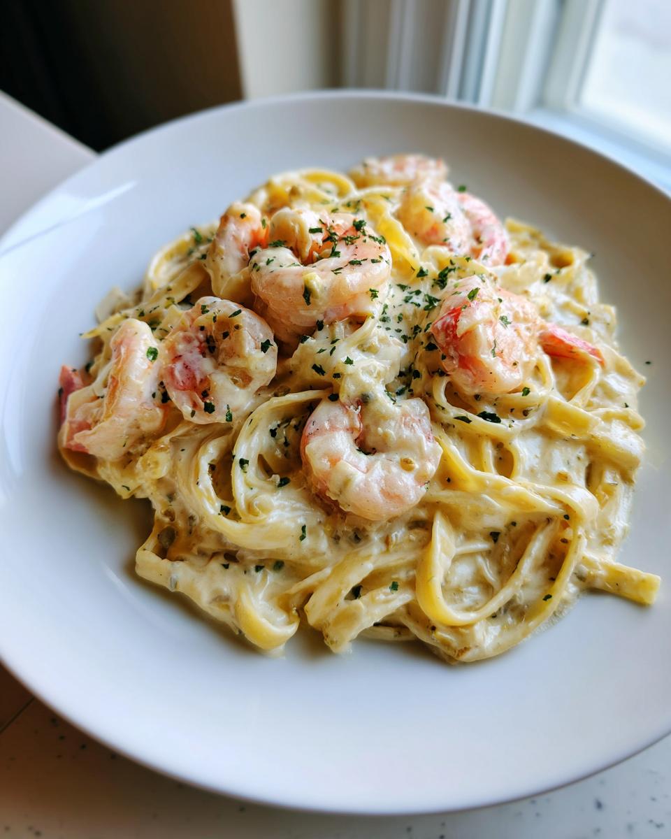 A close-up of creamy shrimp alfredo pasta served on a white plate, garnished with parsley.