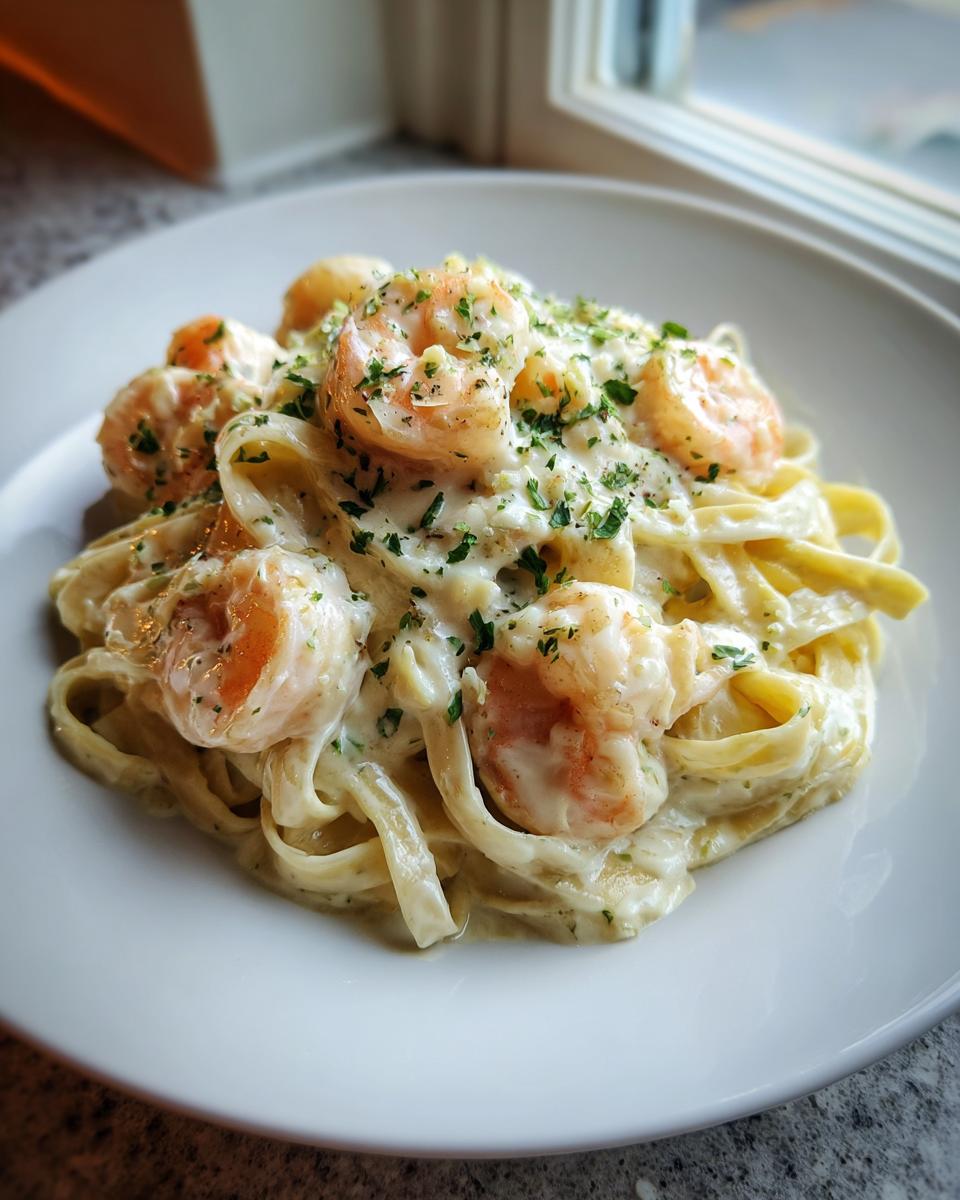 A close-up of creamy shrimp alfredo pasta with fettuccine noodles and chopped parsley garnish.