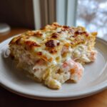 A generous, creamy slice of seafood lasagna showing layers of pasta, white sauce, and pink shrimp, topped with melted, browned cheese.