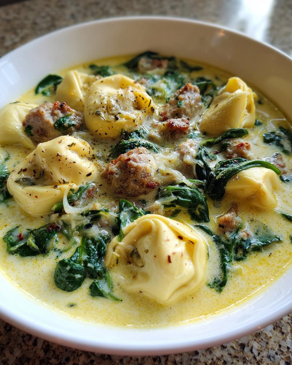 Close-up of a bowl of creamy tortellini soup featuring cheese tortellini, crumbled sausage, and wilted spinach.