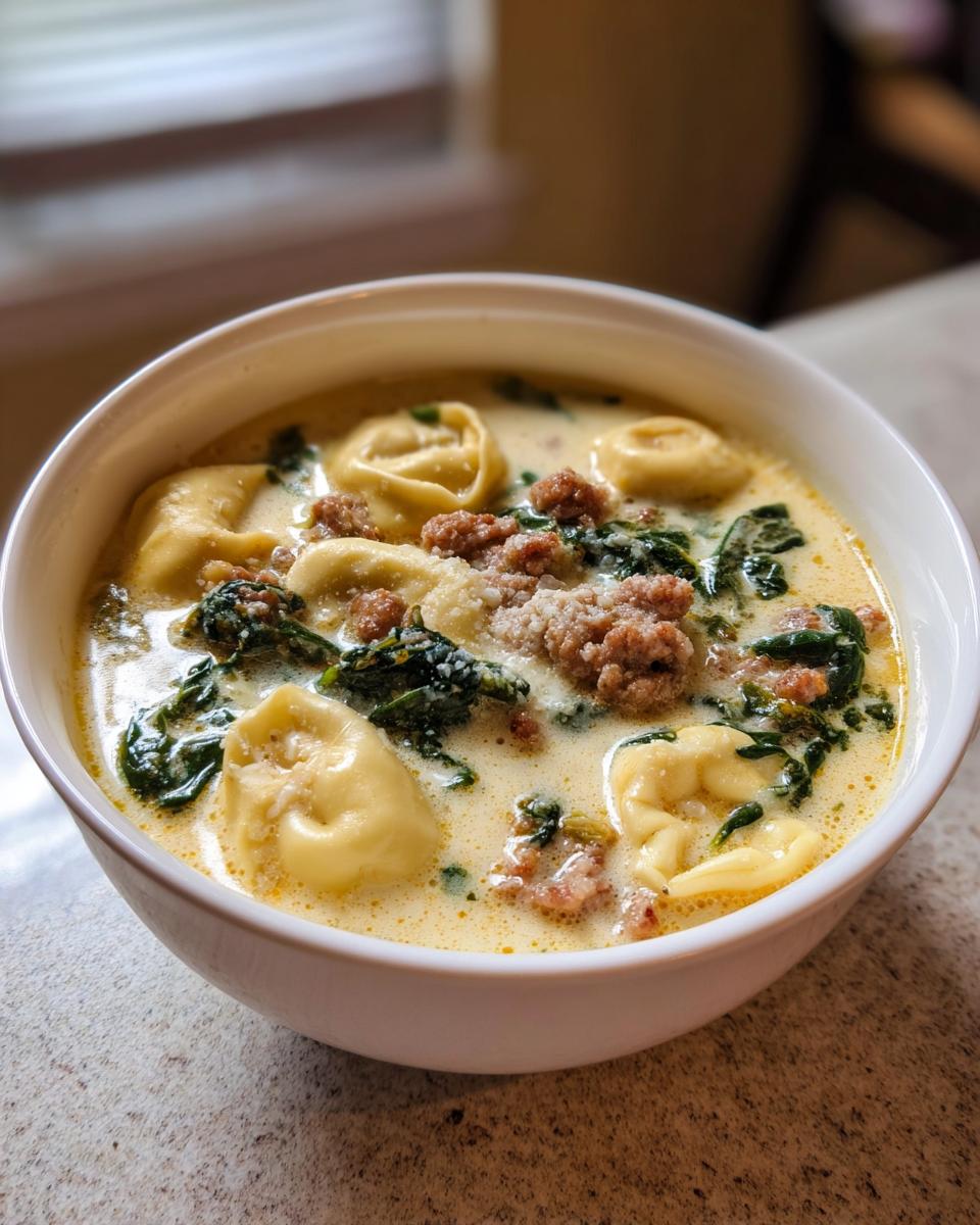 Close-up of a white bowl filled with creamy tortellini soup, featuring cheese tortellini, crumbled sausage, and wilted spinach.