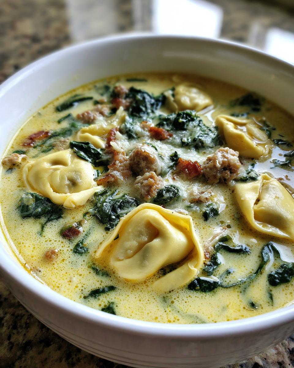 Close-up of a white bowl filled with creamy, yellow tortellini soup featuring cheese tortellini, sausage, and spinach.