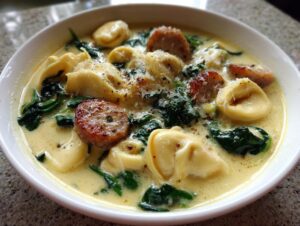 Close-up of creamy tortellini soup featuring sausage slices, wilted spinach, and grated Parmesan cheese.