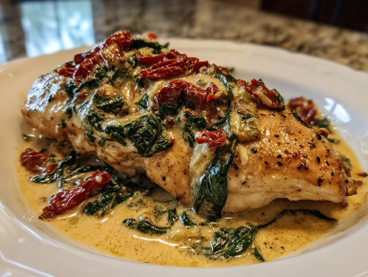 A perfectly seared chicken breast smothered in a rich, creamy Tuscan sauce with spinach and sun-dried tomatoes, our creamy tuscan chicken.