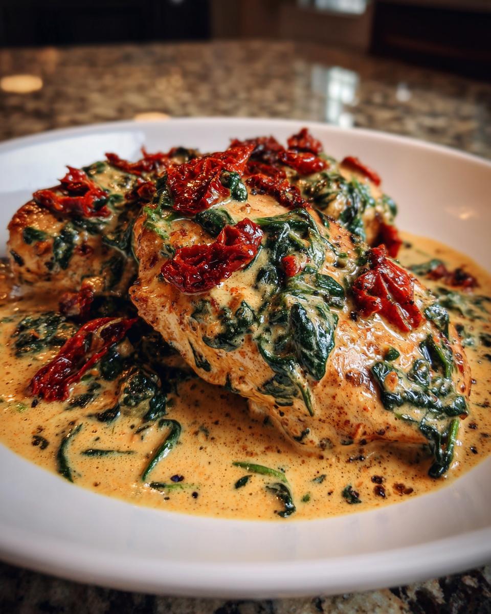 Two pieces of golden-brown chicken breast smothered in a rich, creamy Tuscan sauce with spinach and sun-dried tomatoes.