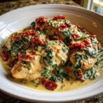 Three pieces of seared chicken breasts smothered in a creamy Tuscan sauce with spinach and sun-dried tomatoes, our creamy tuscan chicken.