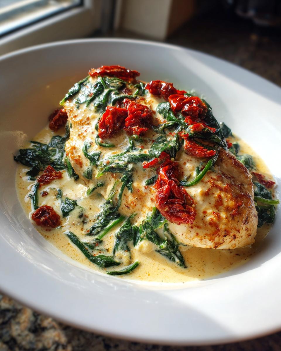 Close-up of a perfectly cooked creamy Tuscan chicken breast topped with spinach and sun-dried tomatoes.