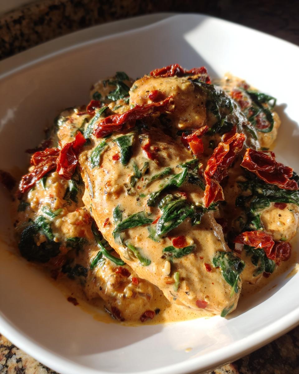 Close-up of tender chicken breasts smothered in a rich, creamy sauce with spinach and sun-dried tomatoes: creamy tuscan chicken.