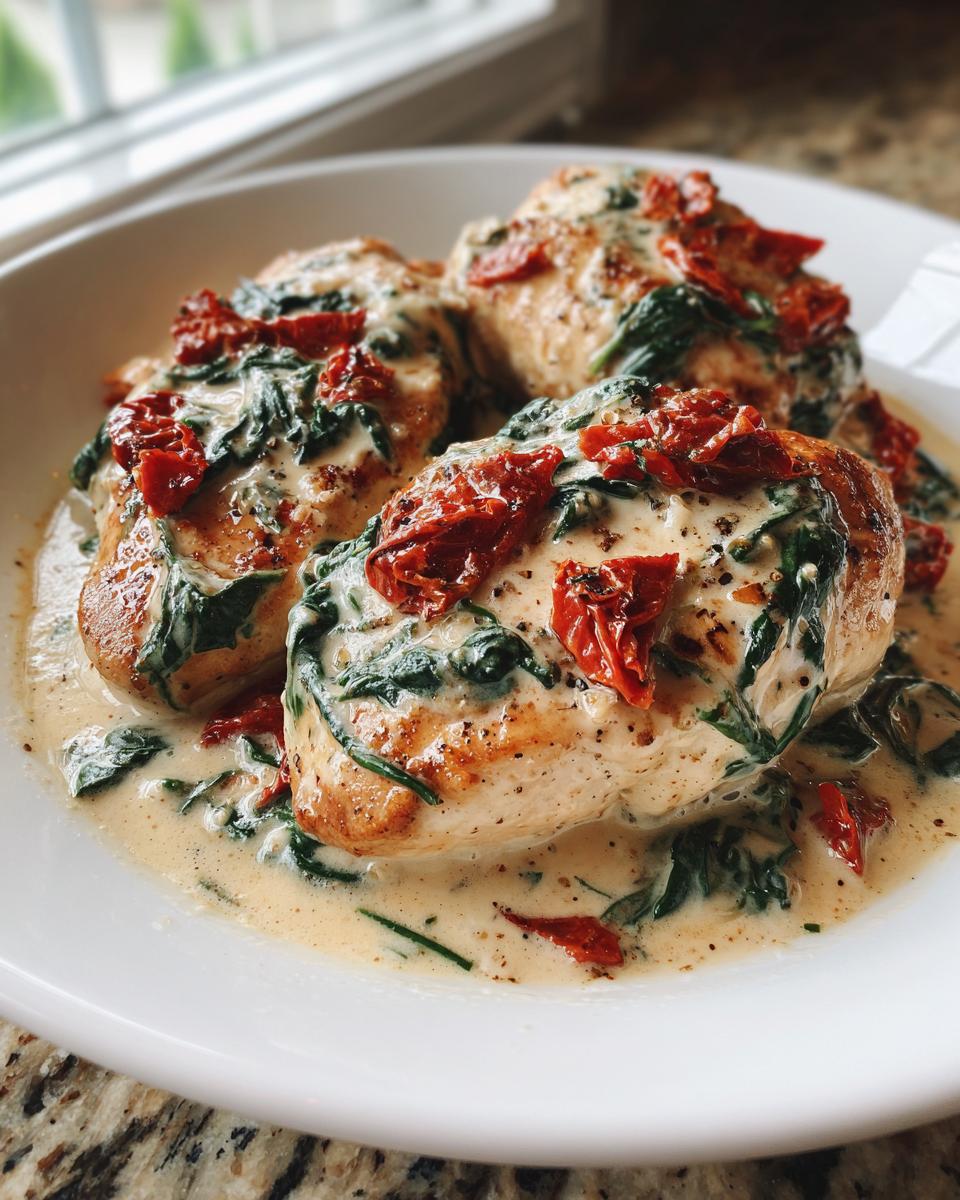 Three seared chicken breasts smothered in a rich, creamy Tuscan sauce with spinach and sun-dried tomatoes, our creamy tuscan chicken.