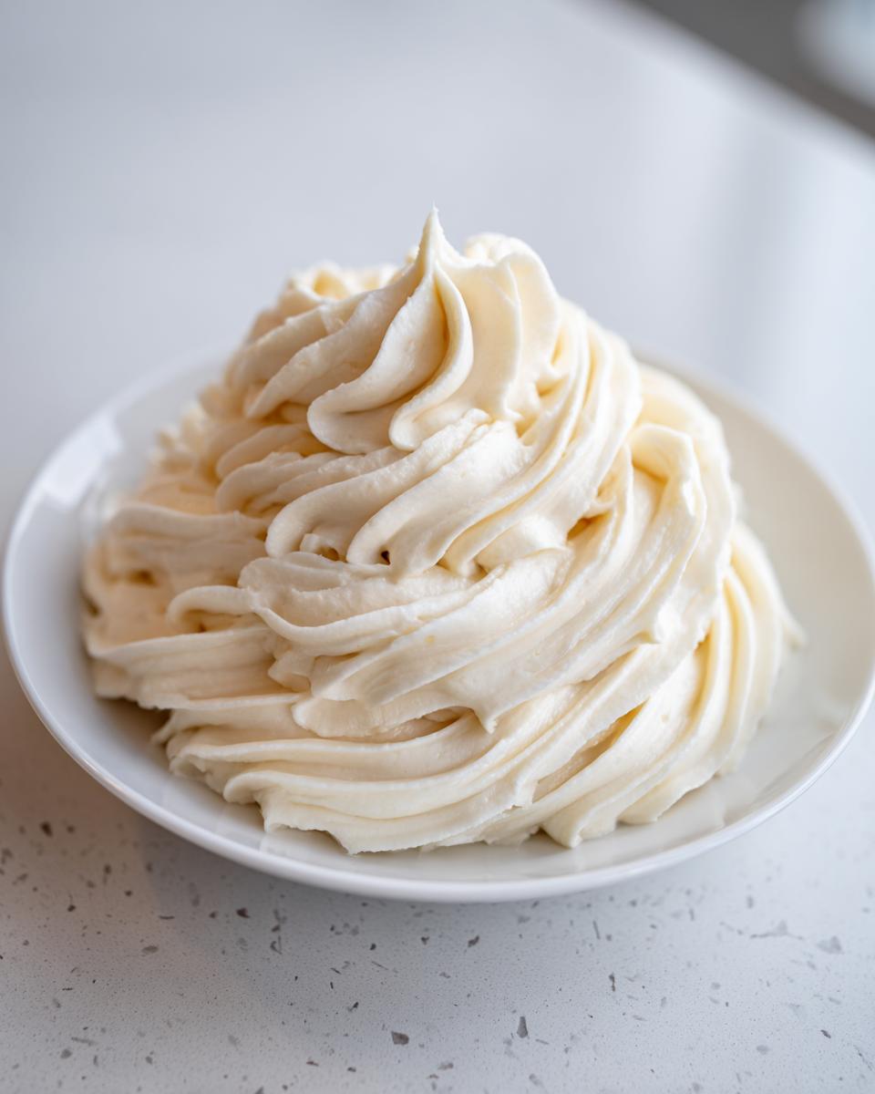 A generous swirl of fluffy, pale yellow vanilla buttercream frosting piped onto a small white plate.