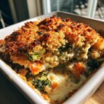 A close-up shot of a creamy vegetable casserole featuring broccoli and carrots, topped with a golden, crunchy breadcrumb crust.