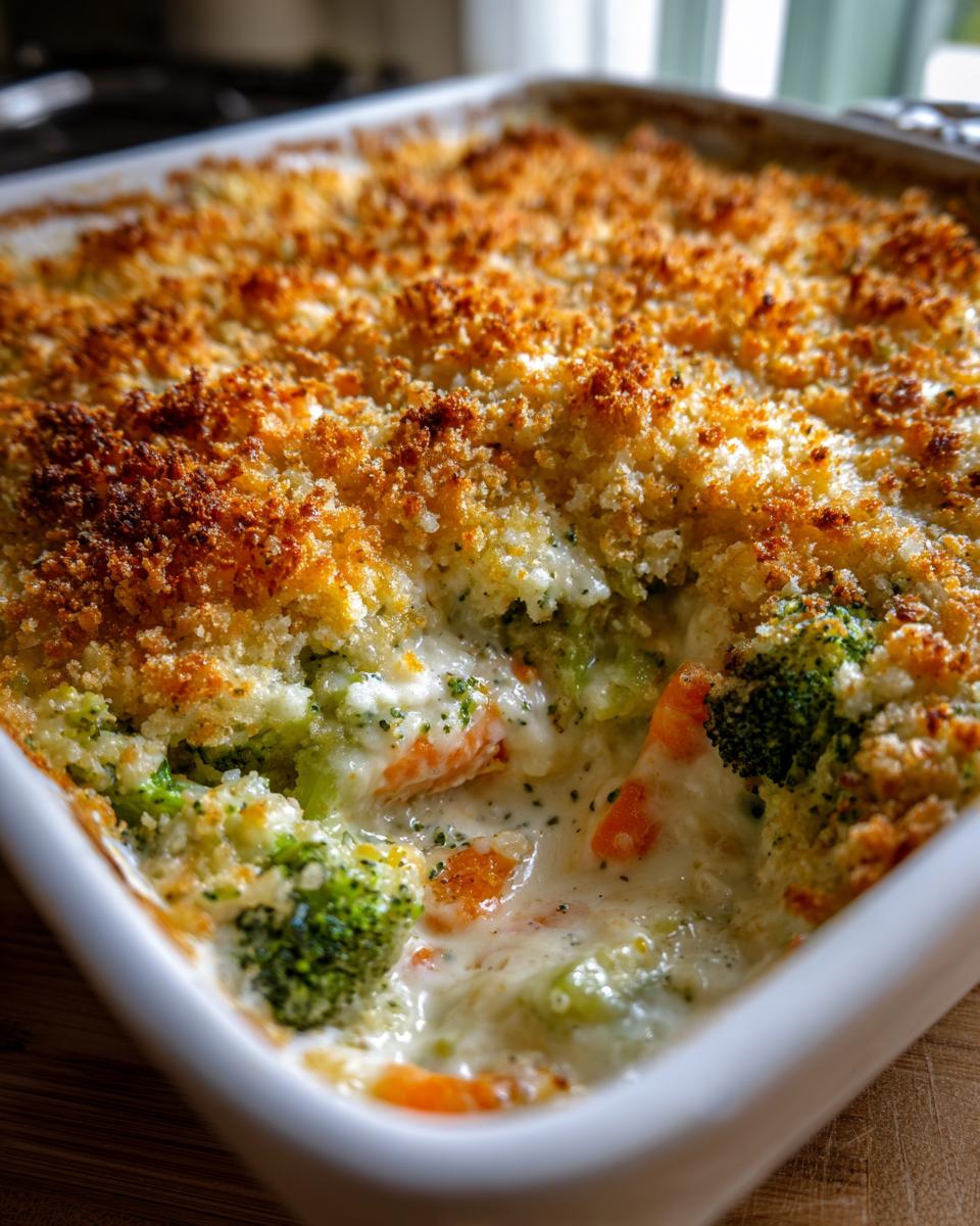 Close-up of a creamy vegetable casserole with broccoli and carrots, featuring a deeply browned, crispy breadcrumb topping.