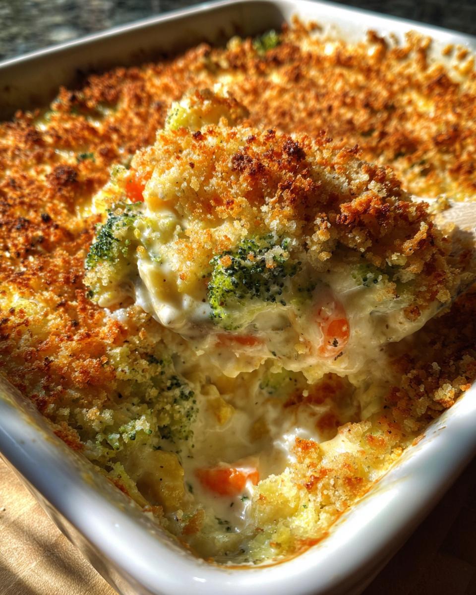 A spoonful of creamy vegetable casserole with broccoli and carrots, topped with a crispy, golden breadcrumb crust.