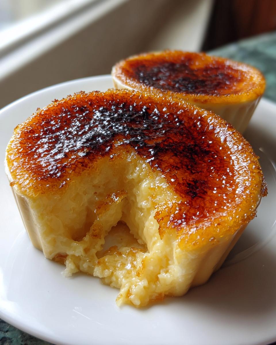 Close-up of a creamy homemade creme brulee with a perfectly caramelized, cracked sugar top; a spoonful has been removed.