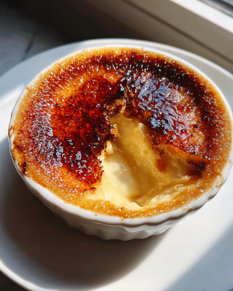 Close-up of a single serving of creme brulee with a perfectly caramelized, cracked sugar crust.