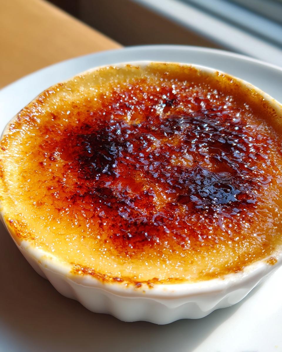 Close-up of a freshly torched Creme brulee with a dark amber, crackling sugar crust.