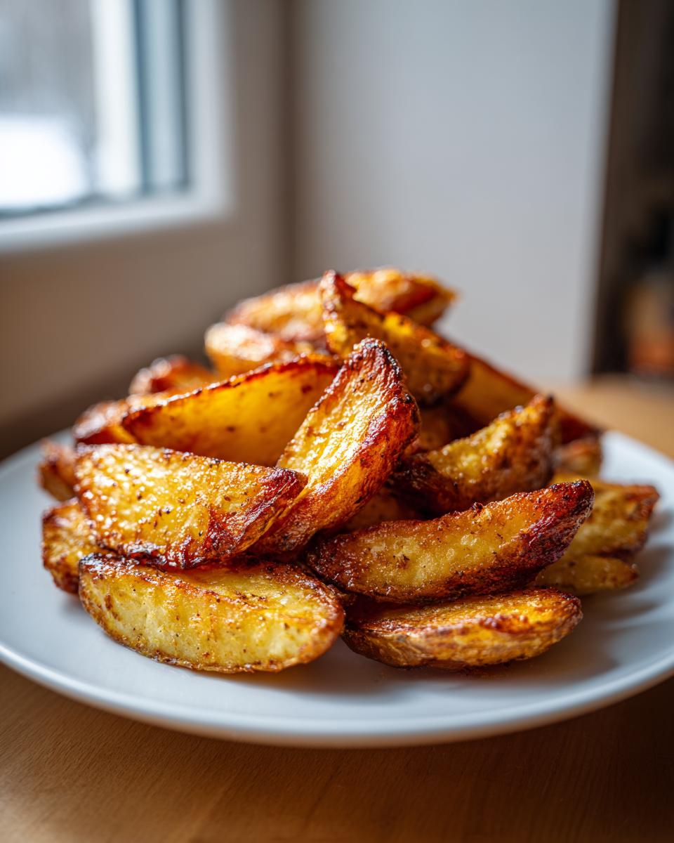 A close-up of a pile of golden brown, crispy air fryer potato wedges seasoned with spices, served on a white plate.