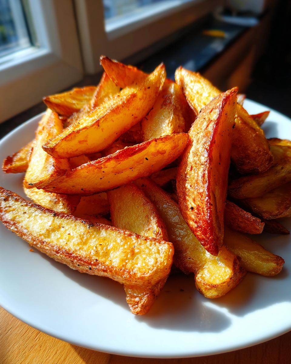 A close-up of golden brown, crispy air fryer potato wedges piled high on a white plate.