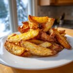 A generous pile of crispy, golden brown air fryer potato wedges seasoned with pepper and spices on a white plate.