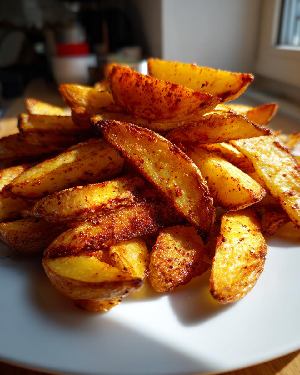 A close-up pile of golden, crispy air fryer potato wedges seasoned with paprika, served on a white plate.