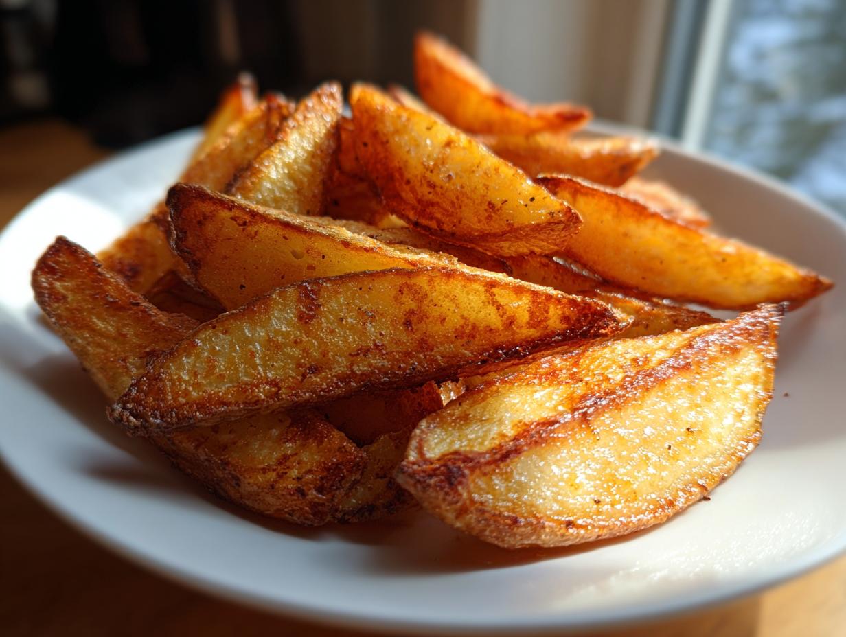Close-up of golden brown, seasoned air fryer potato wedges piled on a white plate.