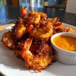 A pile of golden brown, crispy coconut shrimp served on a white plate next to a small ramekin of orange dipping sauce.