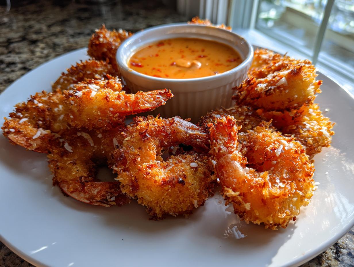 A plate of golden brown, crispy coconut shrimp arranged around a small white bowl of orange dipping sauce.