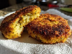 Two golden brown, crispy fried mashed potato cakes resting on a white paper towel, one is broken open showing the fluffy interior.