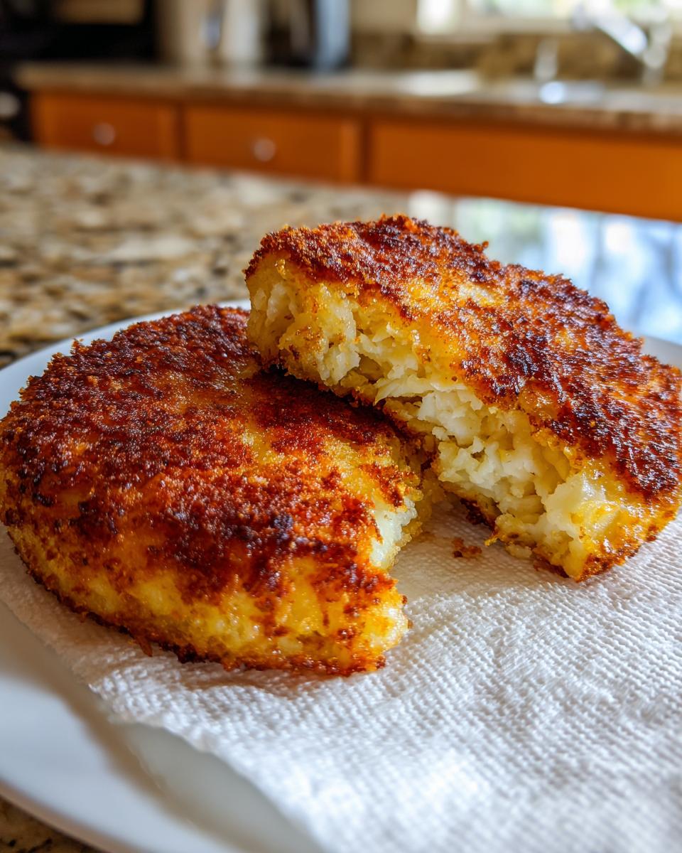 Two golden brown, crispy mashed potato cakes resting on a paper towel, one cut in half showing the fluffy interior.