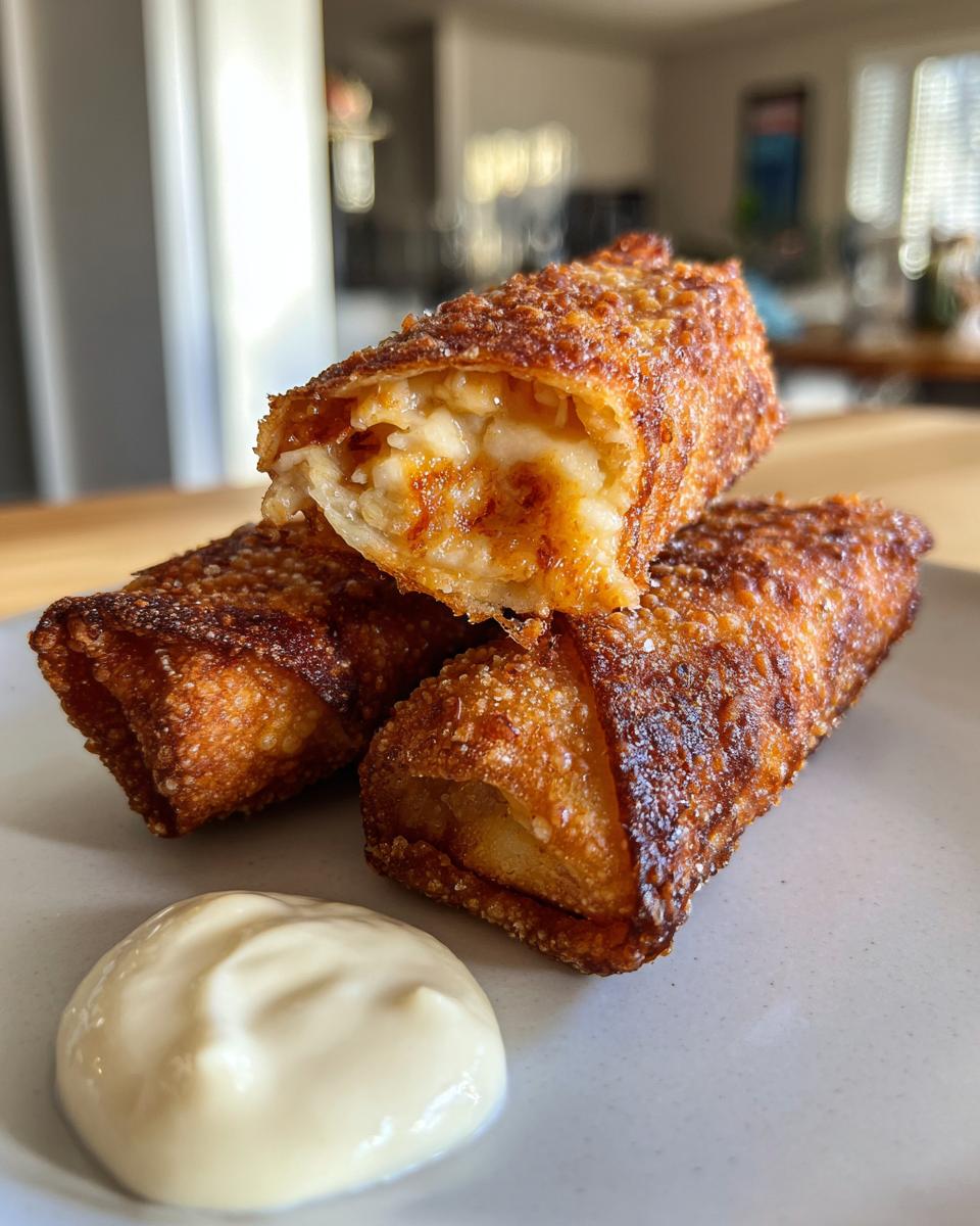 Three golden brown, crispy peach cobbler egg rolls stacked on a plate with a dollop of vanilla dipping sauce.