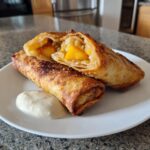 Two golden brown peach cobbler egg rolls, one cut in half showing the warm peach filling, served with a side of cream.