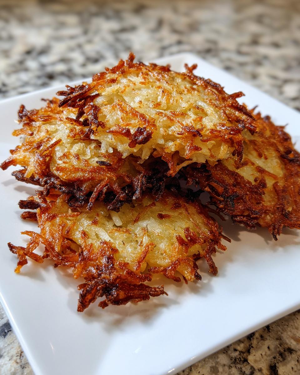 A stack of three perfectly golden and crispy potato latkes with shredded edges resting on a white square plate.