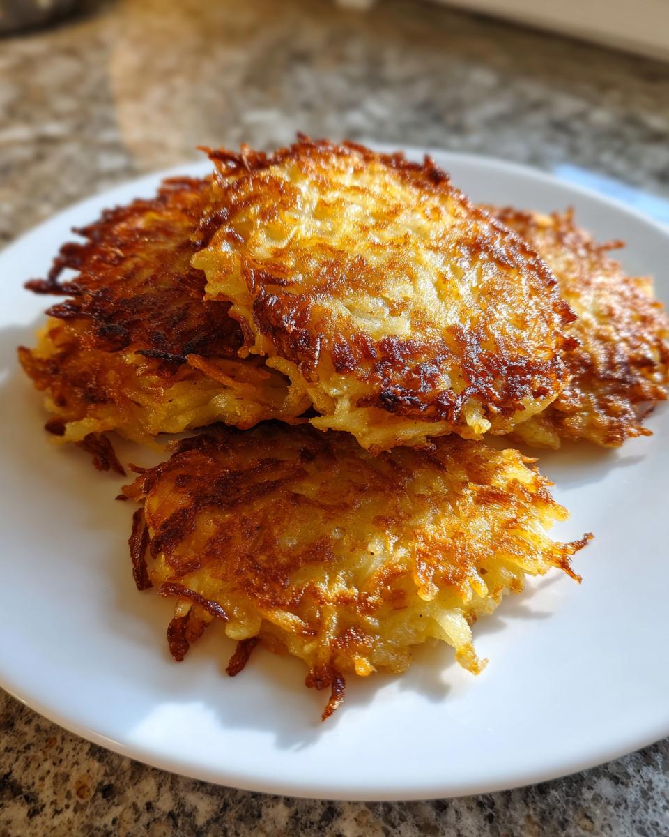 A close-up of several golden brown, crispy Potato latkes stacked on a white plate.