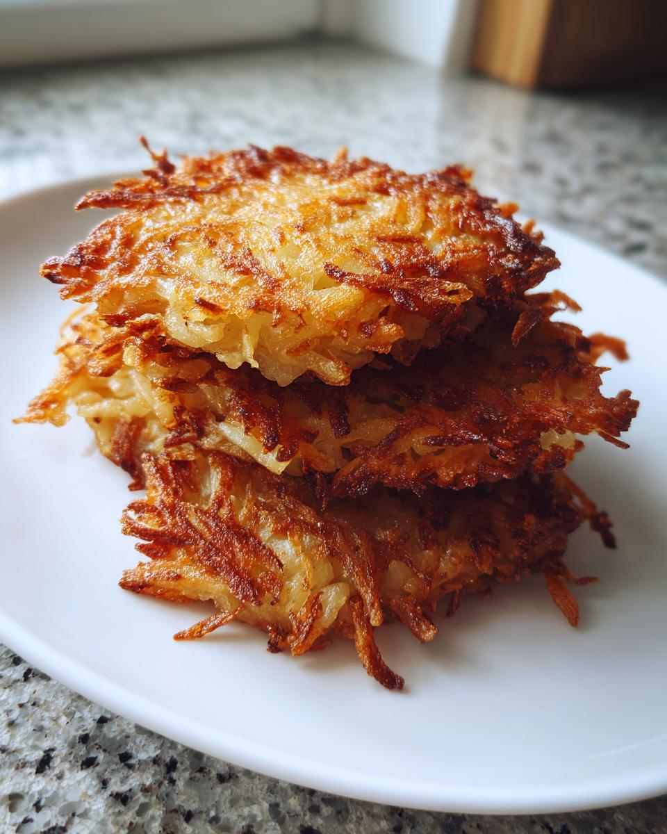 A stack of three golden-brown, crispy potato latkes piled on a white plate.
