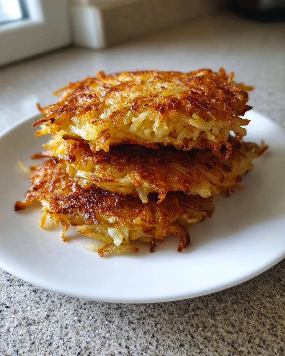A stack of three perfectly golden and crispy potato latkes resting on a white plate.