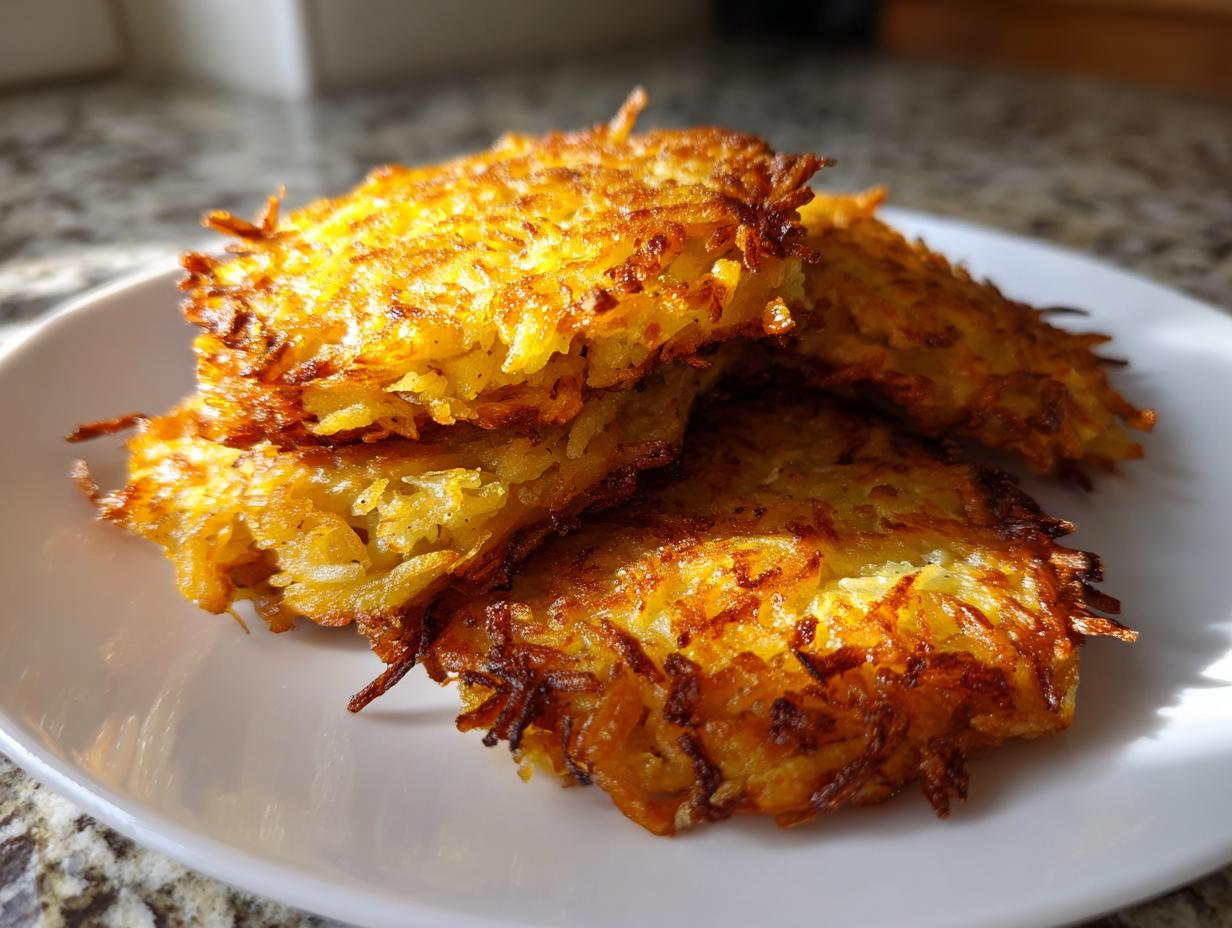 Close-up of three perfectly golden and crispy potato latkes stacked on a white plate, highlighting their shredded texture.