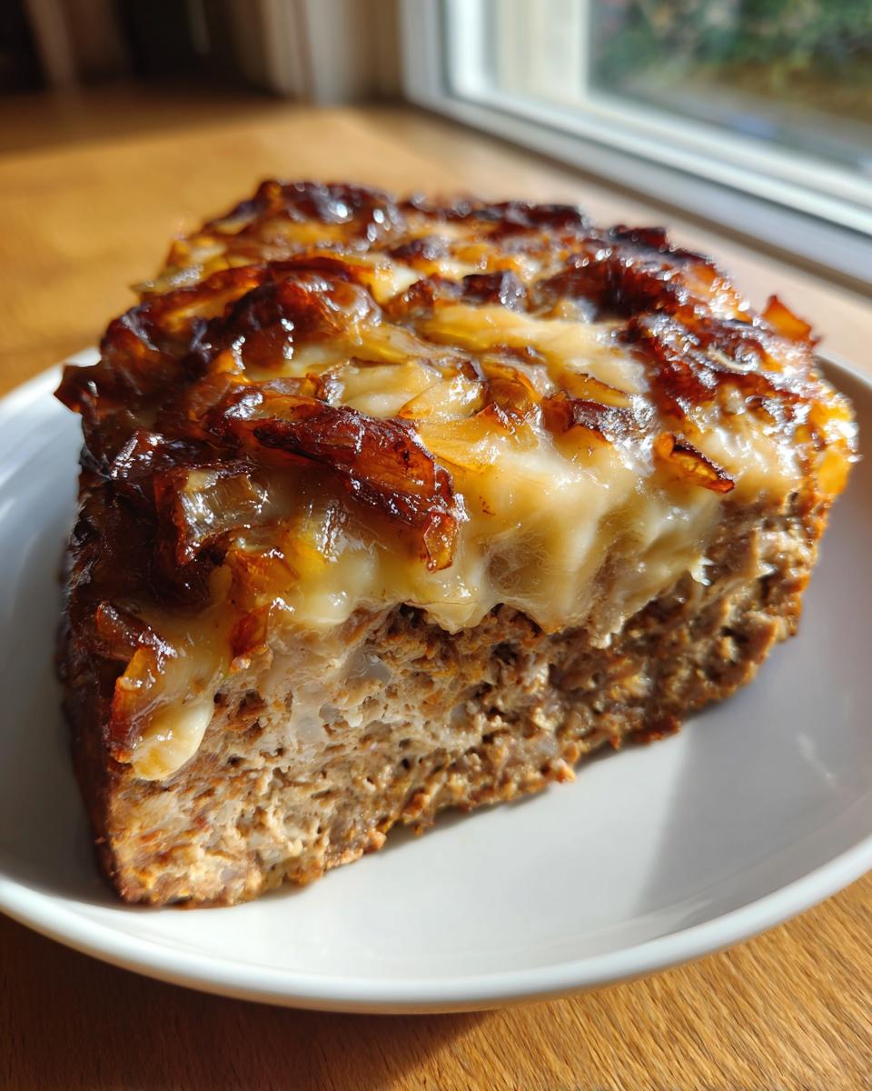 A thick slice of crockpot french onion meatloaf topped with melted cheese and caramelized onions on a white plate.
