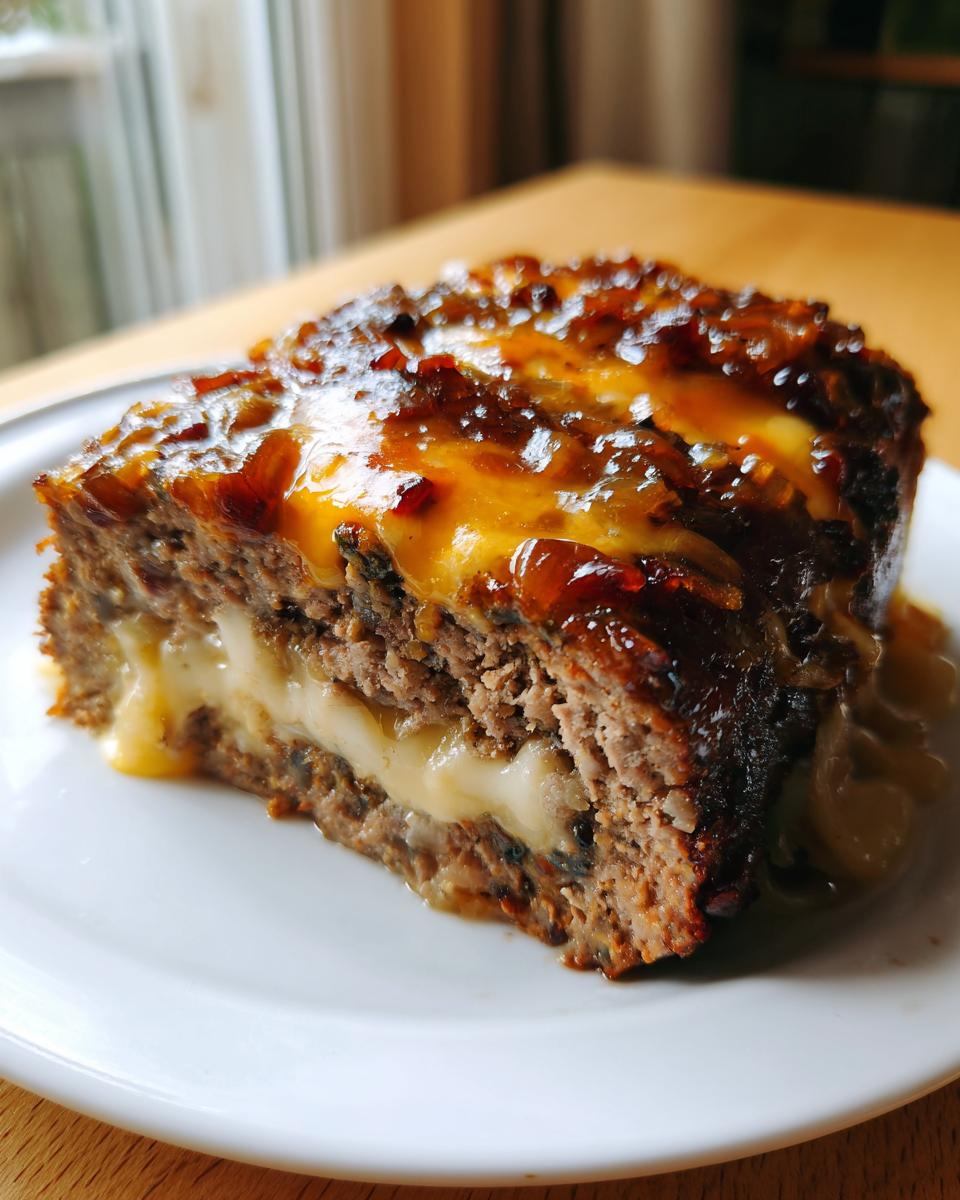 A thick slice of crockpot french onion meatloaf showing melted cheese filling and caramelized onion topping.