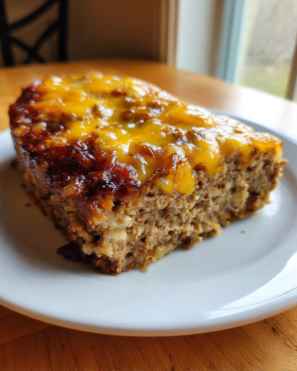 A thick slice of moist crockpot french onion meatloaf topped with melted cheddar cheese on a white plate.